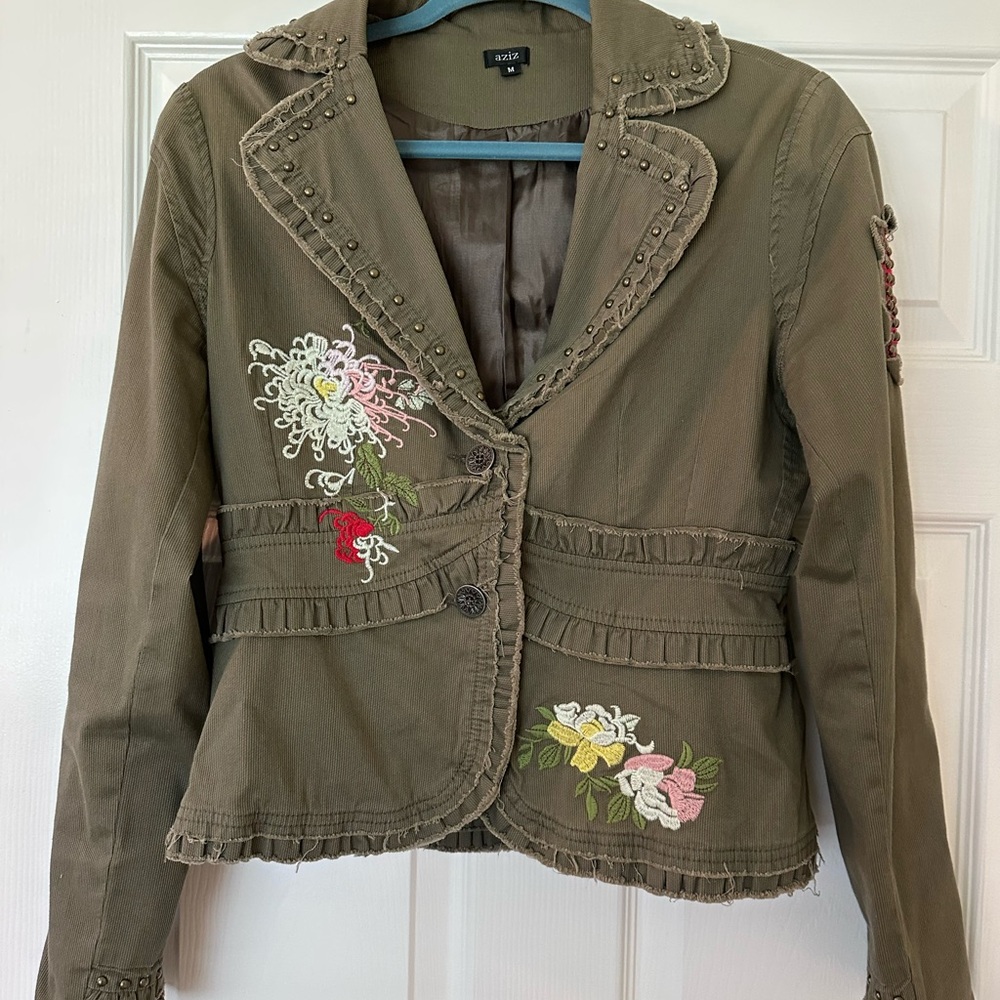 Olive Green Embroidered Floral Blazer Jacket by Aziz
